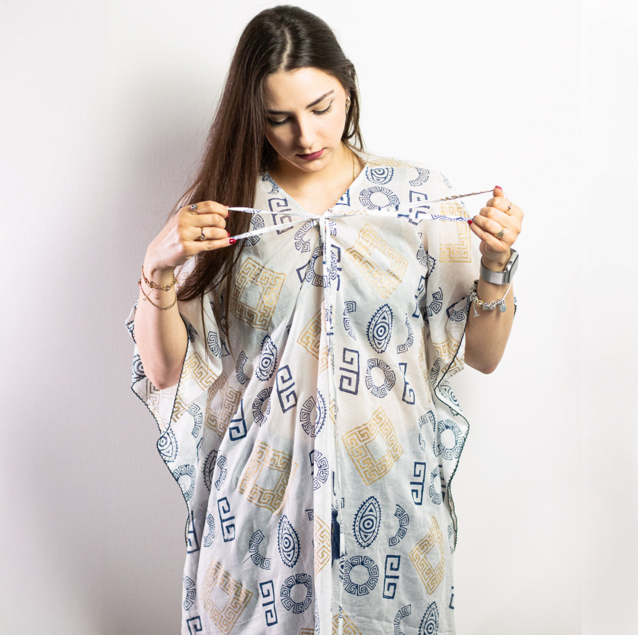 Kaftan - Gold & Blue Greek Motiff - Handpainted