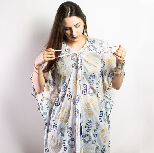 Kaftan - Gold & Blue Greek Motiff - Handpainted