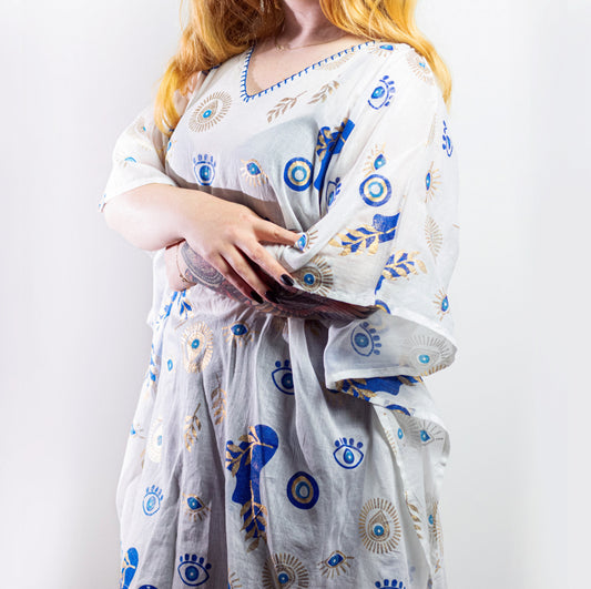 Kaftan - White , Blue & Gold Evil Eye Design