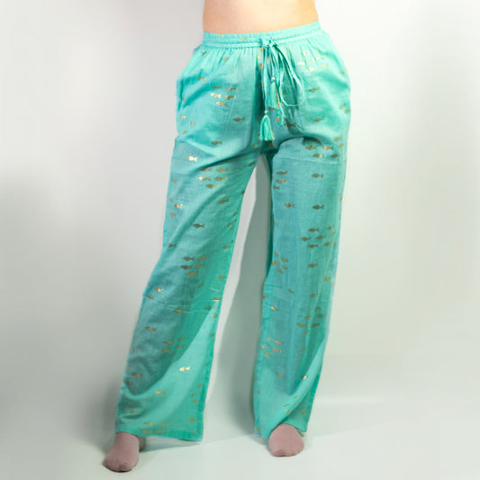 Lounge Pants - Turquoise & Gold Fish Design