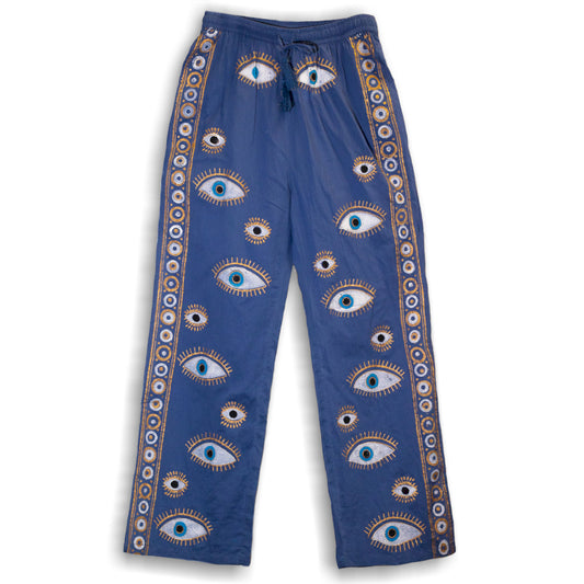 Lounge Pants - Rich Blue & Gold Hand Painted Evil Eye Design