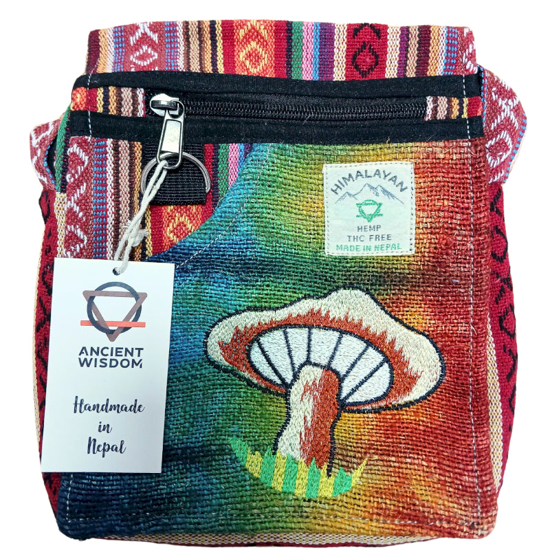 Hemp Embroidery Mushroom Bag - Orange Mushrooms