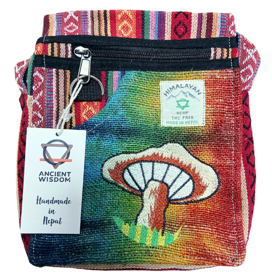 Hemp Embroidery Mushroom Bag - Orange Mushrooms