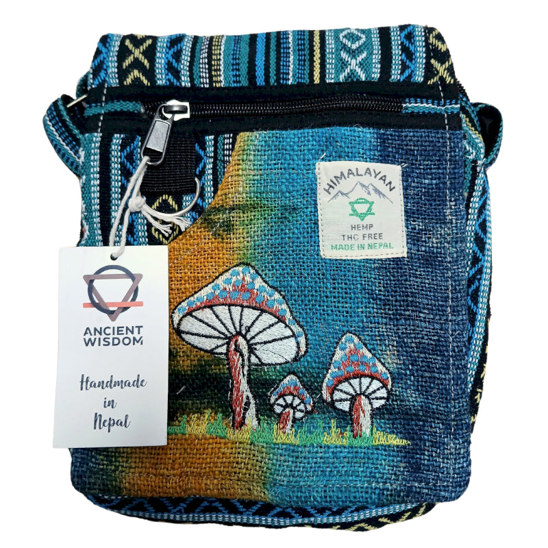 Hemp Embroidery Mushroom Bag - Green Mushrooms