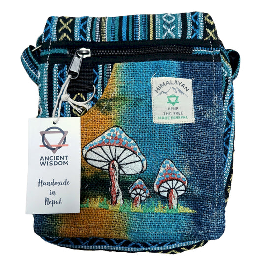 Hemp Embroidery Mushroom Bag - Green Mushrooms